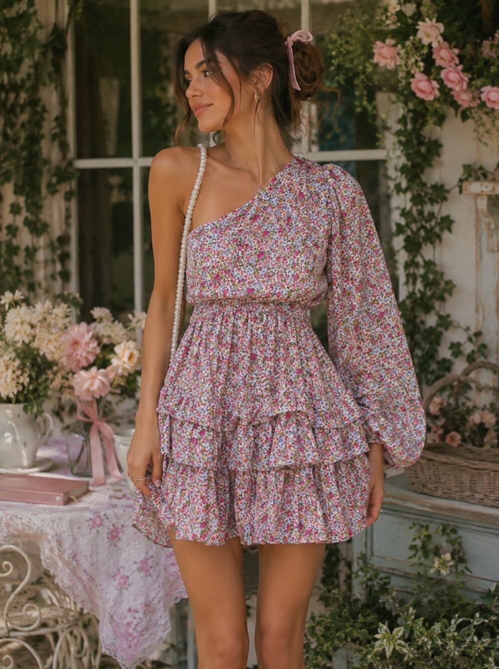 Lush XS Floral Bloom Core Coquette Whimsy One Shoulder Dainty Ruffle Mini Dress